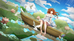 Rule 34 | 1girl, absurdres, barefoot, bird, breasts, brown eyes, brown hair, cleavage, cloud, dress, dutch angle, frilled dress, frills, highres, lily pad, long hair, off-shoulder dress, off shoulder, original, outdoors, rowboat, sky, soles, water, white dress, xiamu xunxi