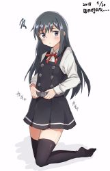 Rule 34 | 1girl, asashio (kancolle), bad id, bad twitter id, belt, black hair, black thighhighs, blue eyes, commentary request, dated, dress, full body, highres, kantai collection, long hair, long sleeves, meguru (megurunn), neck ribbon, one-hour drawing challenge, pinafore dress, red ribbon, ribbon, shirt, simple background, sleeveless, sleeveless dress, solo, thighhighs, twitter username, white background, white shirt