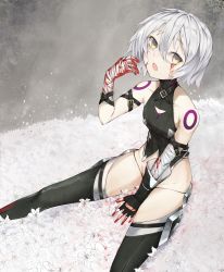 Rule 34 | 1girl, arm belt, bandaged arm, bandages, bare shoulders, between legs, black panties, blood, blood on face, blood on hands, facial scar, fate/apocrypha, fate/grand order, fate (series), flower, gloves, hair between eyes, hand between legs, highres, jack the ripper (fate/apocrypha), looking at viewer, open mouth, panties, rui rubellent, scar, scar across eye, scar on cheek, scar on face, shoulder tattoo, silver hair, single glove, sitting, solo, string panties, tattoo, thighhighs, turtleneck, underwear, white flower, yellow eyes