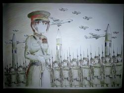 Rule 34 | 1girl, 6+boys, absurdres, aircraft, airplane, bayonet, bomber, breasts, brown hair, coat, dictator, dictatorship, generalissimo, hat, highres, insignia, medal, medium breasts, military, military uniform, military vehicle, missile, multiple boys, outdoors, peaked cap, ponytail, red eyes, saber (weapon), sky, standing, sword, tagme, thai text, thailand, uniform, war, weapon