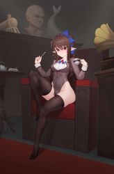 Rule 34 | 1girl, absurdres, black thighhighs, blue ribbon, bow, breasts, brown hair, chair, closed mouth, collared shirt, commentary request, commission, cup, doha skylightscent, full body, gem, grey background, hair between eyes, hair ornament, hair ribbon, high heels, highleg, highleg leotard, highres, holding, holding cup, holding straw, knee up, leg up, leotard, long hair, long sleeves, looking at viewer, medium breasts, original, pantyhose, phonograph, pointy ears, red carpet, red eyes, ribbon, shirt, sitting, smile, solo, statue, teacup, teapot, thighhighs, thighs, train