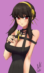 Rule 34 | 1girl, :o, absurdres, bare shoulders, between breasts, black dress, black hair, blush, breasts, cleavage, dagger, dress, earrings, flower, gold earrings, gold hairband, gvm (moog0514), hair flower, hair ornament, hairband, hand on own chest, hand up, highres, jewelry, knife, large breasts, long hair, open mouth, pink background, raised eyebrows, red eyes, rose, short hair with long locks, sidelocks, signature, simple background, solo, spikes, spy x family, upper body, weapon, yor briar
