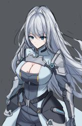 Rule 34 | 1girl, absurdres, armor, blue eyes, breast tattoo, breasts, cleavage, closed mouth, ethel (xenoblade), grey background, highres, large breasts, long hair, okazu2010015, shoulder armor, simple background, solo, tattoo, very long hair, xenoblade chronicles (series), xenoblade chronicles 3