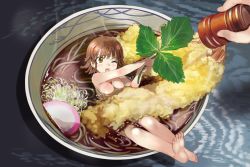 Rule 34 | 1girl, barefoot, blocking, blush, bowl, breasts, brown eyes, brown hair, commentary request, d;, food, full body, highres, in bowl, in container, in food, kamaboko, leaf, medium breasts, mikazuki akira!, mini person, minigirl, noodles, nude, one eye closed, open mouth, original, out of frame, partially submerged, pepper, pepper shaker, personification, ramen, shrimp, shrimp tempura, size difference, soba, soles, solo focus, spice, splashing, steam, tempura