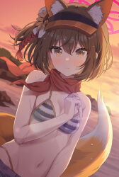 Rule 34 | 1girl, absurdres, animal ear fluff, animal ears, bare shoulders, beach, bikini, blue archive, blush, breasts, brown eyes, brown hair, closed mouth, cloud, collarbone, flower, fox ears, fox girl, fox tail, hair between eyes, hair flower, hair ornament, halo, highleg, highleg bikini, highres, izuna (blue archive), izuna (swimsuit) (blue archive), looking at viewer, momomoi momoi, navel, official alternate costume, outdoors, pom pom (clothes), pom pom hair ornament, red halo, scarf, short hair, sky, small breasts, smile, solo, stomach, striped bikini, striped clothes, sunset, swimsuit, tail, upper body, visor cap, water