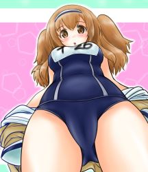 Rule 34 | 10s, 1girl, bad id, bad pixiv id, breasts, brown eyes, chestnut mouth, from below, hairband, i-26 (kancolle), kantai collection, large breasts, light brown hair, long hair, looking at viewer, looking down, md5 mismatch, name tag, new school swimsuit, old school swimsuit, one-piece swimsuit, open clothes, open mouth, school swimsuit, short sleeves, solo, swimsuit, swimsuit under clothes, tachibana hiroki, two-tone hairband, two side up, undressing