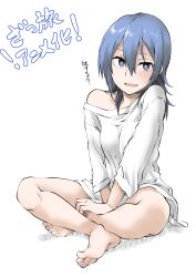 Rule 34 | 1girl, :d, bare legs, barefoot, between legs, black eyes, blue hair, blush, breasts, collarbone, crossed ankles, elf (stroll in the woods), feet, hair between eyes, hand between legs, highres, long hair, no pants, off shoulder, open mouth, raised eyebrows, shirt, sidelocks, simple background, single bare shoulder, sitting, small breasts, smile, solo, suzugamori chika, toes, white background, white shirt, zatsu tabi