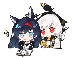 Rule 34 | 2girls, :q, animal ears, arknights, black gloves, blaze (arknights), blue eyes, blue hair, book, brown jacket, cat ears, closed mouth, commentary request, gloves, grey hair, hairband, highres, holding, holding pen, jacket, light bulb, long hair, multiple girls, open book, pen, red eyes, red hairband, shirt, shixietianhen, short eyebrows, simple background, smile, thick eyebrows, tongue, tongue out, upper body, very long hair, weedy (arknights), white background, white shirt