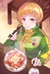Rule 34 | 1girl, :t, absurdres, beef, blurry, blurry background, breasts, brown eyes, brown hair, chair, chopsticks, depth of field, eating, egg (food), eyelashes, food, from above, green jacket, gyuudon, hand up, highres, holding, indoors, jacket, long sleeves, looking at viewer, medium breasts, persona, persona 4, rice, satonaka chie, shadow, short hair, sidelocks, solo, steam, tile floor, tiles, tiritumo mt, track jacket, upper body