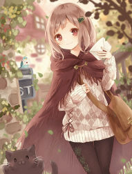 Rule 34 | 1girl, absurdres, argyle, argyle clothes, argyle legwear, argyle sweater, bag, bird, blurry, blurry background, brown hair, cape, cat, commentary, envelope, fantasy, highres, looking at viewer, original, outdoors, pantyhose, plant, red eyes, sweater, tukimisou0225