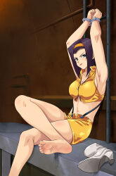 Rule 34 | 1girl, absurdres, armpits, barefoot, bdsm, blue eyes, bondage, bound, bound wrists, breasts, cleavage, collarbone, cowboy bebop, crop top, faye valentine, headband, highres, legs, lipstick, looking at viewer, lost one zero, makeup, medium breasts, midriff, navel, purple hair, shoes, unworn shoes, shorts, smile, solo, thighs, wrist cuffs