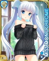 Rule 34 | 1girl, :o, bar (place), barefoot, black sweater, blue eyes, blunt bangs, bottomless, card, character name, day, girlfriend (kari), indoors, miss monochrome, miss monochrome (character), official art, open mouth, qp:flapper, solo, standing, sweater, tagme, twintails, white hair
