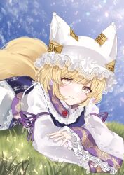 Rule 34 | 1girl, animal ears, blonde hair, blush, closed mouth, day, dress, fox ears, fox tail, frilled sleeves, frills, grass, hat, highres, long sleeves, mob cap, multiple tails, outdoors, sarasadou dan, short hair, solo, tabard, tail, touhou, white dress, white hat, wide sleeves, yakumo ran, yellow eyes