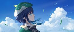 Rule 34 | 1boy, artist name, beret, black bow, black bowtie, blue eyes, blue hair, blue sky, bow, bowtie, braid, brown bow, brown bowtie, capelet, chinese commentary, closed mouth, cloud, cloudy sky, collared shirt, commentary request, darkcatowo, genshin impact, gradient hair, green capelet, green hat, grey shirt, hair between eyes, hat, highres, leaf, long sleeves, looking to the side, multicolored hair, outdoors, shirt, short hair, sky, solo, striped bow, striped bowtie, striped clothes, twin braids, upper body, venti (genshin impact), wing collar