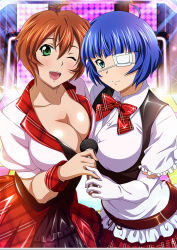 Rule 34 | 2girls, ;d, alternate costume, antenna hair, blue eyes, blue hair, bob cut, bow, bowtie, breast press, breasts, brown hair, chinkyuu koudai, cleavage, closed mouth, collarbone, collared shirt, dress shirt, elbow gloves, eyepatch, gloves, green eyes, holding, holding microphone, idol, ikkitousen, large breasts, looking at viewer, microphone, mole, mole under mouth, multiple girls, one eye closed, open mouth, plaid, plaid bow, plaid bowtie, plaid skirt, red bow, red bowtie, red skirt, ryomou shimei, shirt, short hair, short sleeves, skirt, smile, stage, white gloves, white shirt, wing collar