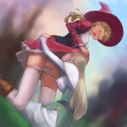 Rule 34 | 2girls, blonde hair, blush, breasts, clothes lift, earrings, elf, fellatio, futa with futa, futanari, hands on another&#039;s head, hat, highres, jewelry, long hair, multiple girls, newhalf, open mouth, oral, panties, unworn panties, panty pull, pointy ears, saliva, skirt, skirt lift, tank-kun, testicles, thighhighs, uncensored, underwear, witch, witch hat
