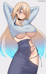Rule 34 | 1girl, absurdres, arms up, black choker, blonde hair, blue eyes, blue hair, blue skirt, blush, breasts, choker, commentary, earrings, english commentary, gradient hair, grey background, highres, hioyami, honkai: star rail, honkai (series), jewelry, large breasts, long hair, long sleeves, looking at viewer, multicolored hair, parted lips, patreon username, richelieu (kancolle), serval landau, simple background, skirt, smile, solo, streaked hair, underboob