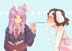 Rule 34 | 2girls, :&lt;, animal ears, bare shoulders, blush, book, brown hair, closed eyes, female focus, food, gozaemon, gyoza emon, hair ornament, inaba tewi, long hair, mouth hold, multiple girls, necktie, pocky, pocky kiss, purple hair, rabbit ears, red necktie, reisen udongein inaba, shared food, sharing food, short hair, touhou, trembling