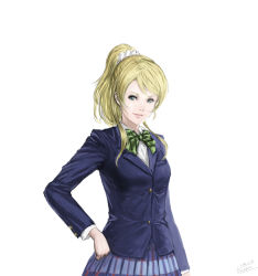 Rule 34 | 10s, 1girl, ayase eli, bad id, bad pixiv id, blonde hair, blue eyes, hand on own hip, high ponytail, looking at viewer, love live!, love live! school idol project, ogamiya jin, school uniform, smile, solo, uniform, white background