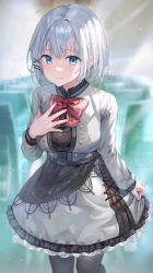 Rule 34 | 1girl, absurdres, arm at side, black legwear, blue eyes, blurry, blurry background, blush, bow, breasts, buttons, closed mouth, commentary request, dress, hair ornament, hand on own chest, hand up, highres, huge filesize, jacket, large breasts, long sleeves, looking at viewer, red neckwear, short hair, siesta (tantei wa mou shindeiru), smile, solo, standing, tantei wa mou shindeiru, tokkyu, train interior, white hair, white jacket, x hair ornament