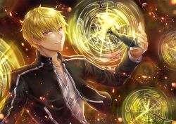 Rule 34 | 1boy, black jacket, blonde hair, dress shirt, fate/stay night, fate (series), gate of babylon (fate), gilgamesh (fate), jacket, long sleeves, looking at viewer, male focus, md5 mismatch, nyamaso, official alternate costume, open clothes, open jacket, parted lips, red eyes, resolution mismatch, shirt, solo, source larger, sword, weapon, white shirt