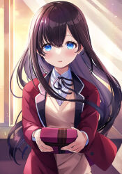 Rule 34 | 1girl, ao no neko, black ribbon, blue eyes, blush, box, brown hair, collared shirt, commentary request, curtains, dress shirt, gift, gift box, hair between eyes, highres, holding, holding gift, indoors, jacket, long hair, looking at viewer, neck ribbon, open clothes, open jacket, original, parted lips, red jacket, ribbon, school uniform, shirt, solo, sunset, sweater vest, transparent, upper body, valentine, very long hair, white shirt, window