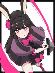 Rule 34 | 1girl, absurdres, animal ears, black hair, blunt bangs, blush, bow, bowtie, capelet, closed mouth, commentary request, dress, foot out of frame, foot wraps, hair bow, hair intakes, heavyblade rabbit, highres, hime cut, holding, holding sword, holding weapon, long hair, looking at viewer, onbashria, pink bow, pink bowtie, purple capelet, rabbit and steel, rabbit ears, rabbit girl, ribbon-trimmed dress, simple background, smile, solo, sword, weapon, white background