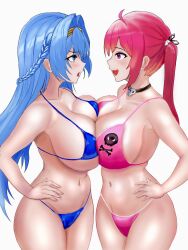 Rule 34 | 2girls, ahoge, alternate costume, annoyed, artist request, bare shoulders, bikini, blue eyes, blue hair, blush, breast press, breasts, breasts squeezed together, choker, damuko (kxmx4323), eye contact, fang, goddess of victory: nikke, hairband, half updo, hands on own hips, helm (aqua marine) (nikke), helm (nikke), highres, large breasts, long hair, looking at another, mast (a pirate&#039;s heart) (nikke), mast (nikke), multiple girls, open mouth, purple eyes, red hair, shiny skin, skin fang, skull and crossbones, smile, swimsuit, thong, thong bikini, twintails, very long hair, wide hips