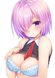 Rule 34 | 1girl, 3:, between breasts, blue bra, blush, bra, breasts, cleavage, closed mouth, clothes lift, fate/grand order, fate (series), female focus, frill trim, frills, hair over one eye, large breasts, looking at viewer, mash kyrielight, mitsuba choco, necktie, necktie between breasts, purple eyes, purple hair, shirt, shirt lift, short hair, simple background, sleeveless, sleeveless shirt, solo, underwear, upper body, white background