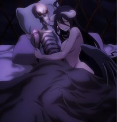 Rule 34 | 1girl, ahoge, albedo (overlord), anime screenshot, bare shoulders, bed, black hair, blush, breasts, completely nude, dakimakura (object), demon, demon girl, half-closed eyes, happy, highres, holding, horns, indoors, large breasts, long hair, looking at viewer, lying, no bra, no humans, no panties, nude, on side, open mouth, overlord (maruyama), pillow, screencap, simple background, skeleton, slit pupils, stitched, third-party edit, topless, wings, yellow eyes
