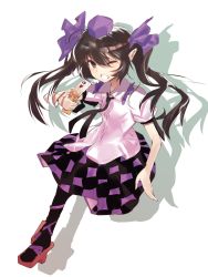 Rule 34 | 1girl, asuzemu, black thighhighs, brown eyes, brown hair, cellphone, checkered clothes, checkered skirt, geta, hat, highres, himekaidou hatate, holding, holding phone, long hair, one eye closed, phone, pointy ears, puffy short sleeves, puffy sleeves, purple skirt, shadow, shirt, short sleeves, simple background, skirt, smile, solo, tengu-geta, thighhighs, tokin hat, touhou, twintails, white background, white shirt