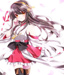 Rule 34 | 10s, 1girl, bad id, bad pixiv id, black hair, brown eyes, hairband, haruna (kancolle), japanese clothes, kantai collection, long hair, mono969211, nontraditional miko, petals, simple background, solo