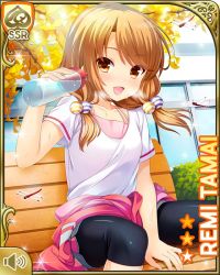 Rule 34 | 1girl, :d, bench, blue shorts, bottle, brown eyes, brown hair, card (medium), day, girlfriend (kari), jacket, looking at viewer, low twintails, morning, official art, open mouth, outdoors, pink jacket, qp:flapper, shirt, shorts, sitting, smile, solo, tagme, tamai remi, tank top, twintails, water bottle, white shirt, workout clothes