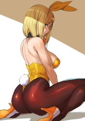 Rule 34 | 1girl, animal ears, arc system works, ashiomi masato, ass, bare shoulders, blonde hair, blue eyes, blush, breasts, brown pantyhose, bunny day, detached collar, fake animal ears, from behind, guilty gear, high heels, large breasts, leotard, looking at viewer, looking back, millia rage, open mouth, pantyhose, parted lips, playboy bunny, rabbit ears, rabbit tail, shiny clothes, shiny skin, short hair, sideboob, sitting, smile, solo, tail, wariza