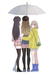 Rule 34 | 3girls, boots, from behind, full body, high heels, highres, idolmaster, idolmaster shiny colors, izumi mei, looking at viewer, looking back, mayuzumi fuyuko, multiple girls, rubber boots, serizawa asahi, shared umbrella, simple background, straight hair, straylight (idolmaster), thigh boots, thighhighs, umbrella, v63775474, white background