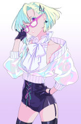 Rule 34 | 1boy, alternate costume, bare shoulders, bespectacled, black gloves, black thighhighs, burrrntlemon, cross-laced clothes, garter belt, glasses, gloves, green hair, hair ornament, hairclip, hand on own hip, highres, lio fotia, looking at viewer, male focus, parted lips, promare, purple eyes, short hair, solo, standing, thighhighs, trap, zipper