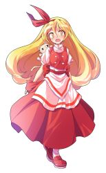 Rule 34 | 1girl, alphes (style), animal, animal on shoulder, apron, arms behind back, bare arms, blonde hair, blush, bow, breasts, buttons, cat, closed mouth, commentary request, dairi, ellen (touhou), embarrassed, eyebrows, full body, hair between eyes, hairband, highres, loafers, long hair, long skirt, long sleeves, looking at viewer, medium breasts, open mouth, parody, pet, puffy short sleeves, puffy sleeves, red bow, red footwear, red hairband, red ribbon, red skirt, red vest, ribbon, shirt, shoes, short sleeves, skirt, skirt set, sokrates (touhou), solo, standing, style parody, surprised, tareme, touhou, touhou (pc-98), transparent background, turtleneck, vest, waist apron, white apron, white legwear, white shirt, yellow eyes