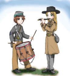 Rule 34 | 2girls, american civil war, belt, blonde hair, brown hair, canteen, confederate states of america, drum, ernest, fife (instrument), flute, hat, instrument, long hair, military, military uniform, multiple girls, short hair, transverse flute, uniform, war