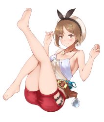 Rule 34 | 1girl, atelier (series), atelier ryza, atelier ryza 1, bad id, bad pixiv id, bare arms, bare legs, bare shoulders, barefoot, belt, blonde hair, blush, breasts, brown belt, brown eyes, brown hair, cleavage, collarbone, commentary request, full body, hair ornament, hairclip, hat, highres, jewelry, jilu, large breasts, long hair, looking at viewer, necklace, red shorts, reisalin stout, short hair, short shorts, shorts, simple background, smile, solo, white background, white hat