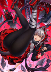 Rule 34 | 1girl, absurdres, antenna hair, arknights, ass, bandaged leg, bandages, black footwear, black gloves, black jacket, black pantyhose, breasts, cropped jacket, fangs, fingerless gloves, gloves, grenade launcher, grey shirt, gun, highres, honeycomb (pattern), jacket, legs up, long sleeves, medium breasts, miniskirt, open clothes, open jacket, open mouth, pantyhose, red background, scarf, shell casing, shirt, shoes, short hair, silver hair, skirt, smile, solo, tongue, tongue out, w (arknights), weapon, xo (xo17800108)