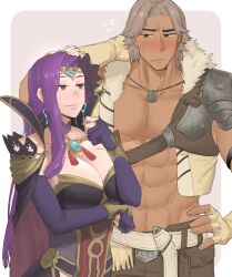 Rule 34 | 1boy, 1girl, abs, arm behind head, atlas (fire emblem), breasts, circlet, cleavage, commission, commissioner upload, ebinku, fingerless gloves, fire emblem, fire emblem echoes: shadows of valentia, fire emblem heroes, gloves, grey hair, highres, large breasts, looking at viewer, matching hair/eyes, muscular, muscular male, nintendo, official alternate costume, purple eyes, purple hair, smile, sonya (beautiful mage) (fire emblem), sonya (fire emblem gaiden)