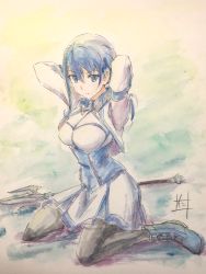Rule 34 | 10s, 1girl, ankle boots, arms behind head, bad id, bad pixiv id, blue eyes, blue hair, boots, breasts, collar, corset, cropped jacket, expressionless, hai to gensou no grimgar, highres, long hair, looking at viewer, merry (grimgar), nii manabu, pantyhose, pleated skirt, signature, skirt, solo, staff, traditional media, watercolor pencil (medium)