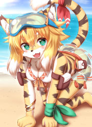 Rule 34 | 1girl, :3, all fours, animal ears, animal nose, arm support, beach, black hair, blonde hair, blush, bracelet, breasts, cat ears, cat tail, cleavage, day, facial mark, fang, furry, furry female, goggles, goggles on head, green eyes, highres, horokusa (korai), jewelry, looking at viewer, medium breasts, messy hair, mia (world flipper), multicolored hair, ocean, open mouth, outdoors, short hair, smile, solo, tail, thick eyebrows, two-tone hair, water, whisker markings, white hair, world flipper