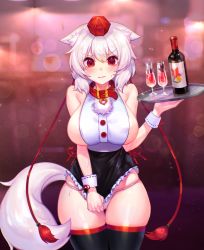 Rule 34 | 1girl, absurdres, adapted costume, animal ears, apron, bare shoulders, black thighhighs, blurry, blurry background, blush, bokeh, breasts, collar, cowboy shot, depth of field, embarrassed, hat, highres, holding, holding tray, inubashiri momiji, large breasts, leash, lee jin byeol, looking at viewer, panties, red collar, red eyes, short hair, sideboob, skirt, skirt tug, solo, sweat, tail, thighhighs, thighs, tokin hat, touhou, tray, underwear, white apron, white hair, wolf ears, wolf tail, wrist cuffs