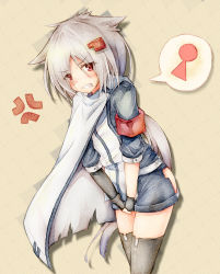 Rule 34 | 1girl, anger vein, armband, azur lane, belt, between legs, black gloves, black thighhighs, blue shirt, blue shorts, blush, cape, clenched teeth, embarrassed, female focus, fingerless gloves, gloves, grey hair, hair ornament, hairclip, hand between legs, have to pee, highres, legs together, long hair, looking at viewer, montpelier (azur lane), own hands together, shirt, short shorts, shorts, simple background, solo, speech bubble, standing, sweat, teeth, thighhighs, v arms, very long hair, watakarashi, white cape, yellow background