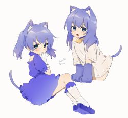 Rule 34 | 1girl, :o, absurdres, animal ear fluff, animal ears, animal hands, bad id, bad twitter id, bell, blue choker, blue dress, blue eyes, blue footwear, blue hair, blush, cat ears, cat girl, cat tail, choker, commentary request, dani yamada, dress, fang, frilled kneehighs, gloves, grey background, highres, jingle bell, kemonomimi mode, kneehighs, long hair, mary janes, multiple views, neck bell, nijisanji, off shoulder, open mouth, parted lips, paw gloves, puffy short sleeves, puffy sleeves, shirt, shoe soles, shoes, short sleeves, simple background, socks, tail, two side up, v-shaped eyebrows, virtual youtuber, white gloves, white shirt, white socks, yuuki chihiro, yuuki chihiro (1st costume)