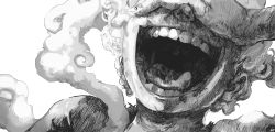 Rule 34 | 1boy, arm up, artist name, covered eyes, covering own eyes, gear fifth, greyscale, happy, highres, laughing, male focus, monkey d. luffy, monochrome, mouth focus, one piece, open mouth, portrait, serbianhero, short hair, signature, simple background, smile, smoke, solo, spoilers, teeth, tongue, uvula, white background