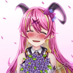 Rule 34 | 1girl, asymmetrical horns, bouquet, closed eyes, colored inner hair, crying, demon girl, demon horns, flower, gradient background, hair ribbon, headphones, headphones around neck, holding, holding bouquet, hololive, horns, mano aloe, multicolored hair, pink hair, pointy ears, ribbon, solo, uneven horns, virtual youtuber, zero130