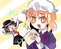 Rule 34 | 2girls, arm up, black headwear, black skirt, blonde hair, blush, book, bow, brown hair, chibi, commentary request, dress, hair between eyes, hair bow, hat, hat bow, highres, holding, holding book, long sleeves, looking at viewer, maribel hearn, mob cap, moyashi (oekaki touhou), multiple girls, necktie, o o, open book, open mouth, purple dress, red necktie, shirt, short hair, skirt, smile, touhou, triangle mouth, usami renko, white bow, white headwear, white shirt, yellow eyes