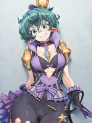 Rule 34 | 1girl, black gloves, bow, cameltoe, cleft of venus, clothing cutout, frilled gloves, frills, glasses, gloves, green eyes, green hair, grey-framed eyewear, hair between eyes, hat, heart, looking at viewer, multicolored clothes, multicolored gloves, natto soup, nintendo, pandoria (xenoblade), pointy ears, puffy sleeves, purple bow, purple gloves, purple neckwear, round eyewear, short hair, smile, solo, striped, striped bow, tail, teeth, two-tone gloves, xenoblade chronicles (series), xenoblade chronicles 2